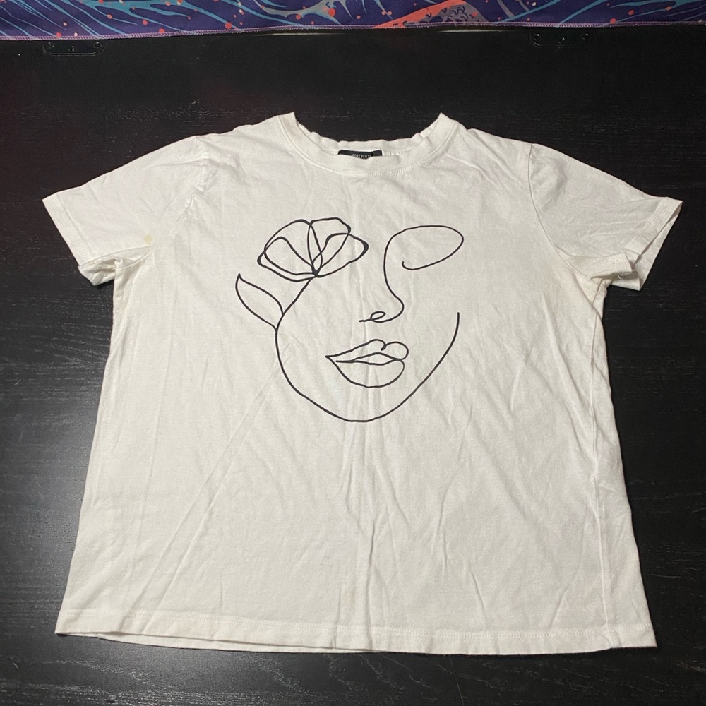 Forever 21 White Crew Neck Graphic Tee - Single Line Face